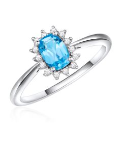 14K White Gold Cushion Cluster Ring Swiss Blue Topaz and Diamonds