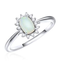 14K White Gold Cushion Cluster Ring Opal and Diamonds
