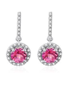 10K White Gold Halo Round Passion Pink Topaz & Diamonds French Back Earrings