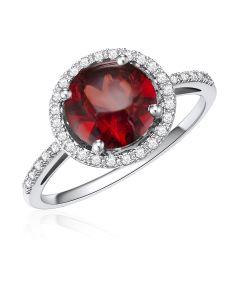 14K White Gold Round Halo Ring with Garnet and Diamonds