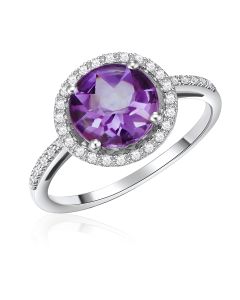 14K White Gold Round Halo Ring with Amethyst and Diamonds