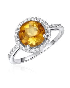 14K White Gold Round Halo Ring with Citrine and Diamonds