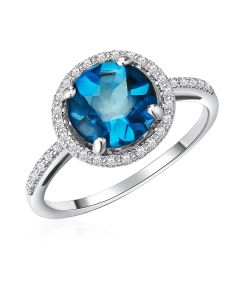 14K White Gold Round Halo Ring with London Blue Topaz and Diamonds