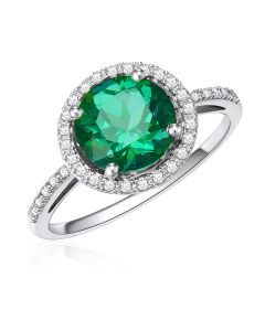 14K White Gold Round Halo Ring with Passion Rain Forest Green and Diamonds