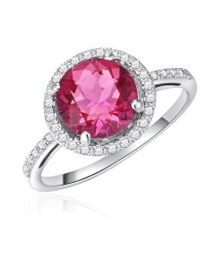14K White Gold Round Halo Ring with Passion Pink Topaz and Diamonds