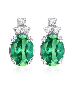 14K White Gold Oval Crowned Passion Green Forest & Diamond Stud Earrings