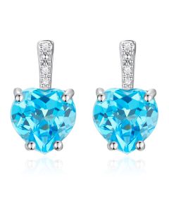 14K White Gold Heart Shape Swiss Blue Topaz & Diamond Stud Earrings