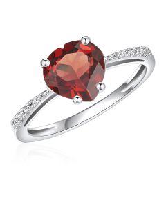 10K White Gold Heart Shape Solitaire Ring with Garnet And Diamonds