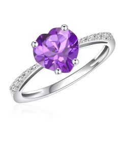 10K White Gold Heart Shape Solitaire Ring with Amethyst And Diamonds