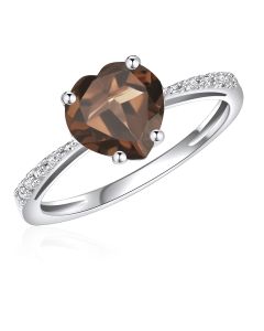 10K White Gold Heart Shape Solitaire Ring with Smokey Quartz And Diamonds