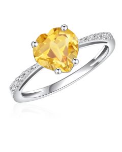 10K White Gold Heart Shape Solitaire Ring with Citrine And Diamonds