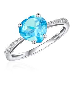 10K White Gold Heart Shape Solitaire Ring with Swiss Blue Topaz And Diamonds 
