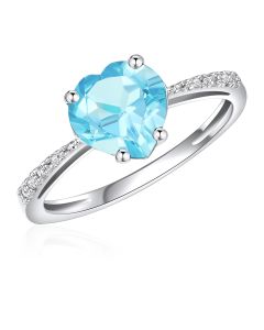 10K White Gold Heart Shape Solitaire Ring with Sky Blue Topaz And Diamonds