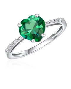 10K White Gold Heart Shape Solitaire Ring with Passion Rain Forest Green And Diamonds