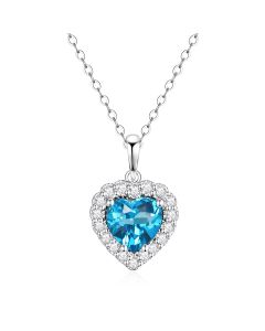 10K White Gold Heart Halo Pendant with London Blue Topaz and White Topaz