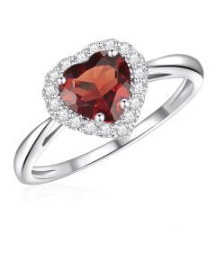 10K White Gold Heart Halo Ring with Garnet and White Topaz