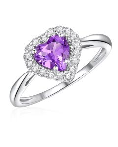10K White Gold Heart Halo Ring with Amethyst and White Topaz
