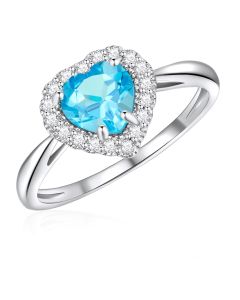 10K White Gold Heart Halo Ring with Swiss Blue Topaz and White Topaz