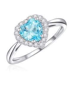 10K White Gold Heart Halo Ring with Sky Blue Topaz and White Topaz