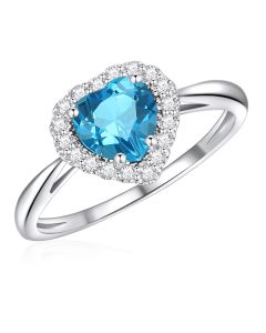 10K White Gold Heart Halo Ring with London Blue Topaz and White Topaz