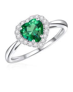 10K White Gold Heart Halo Ring with Passion Rain Forest Green and White Topaz