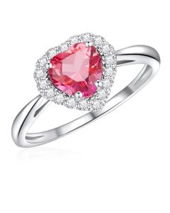 10K White Gold Heart Halo Ring with Passion Pink Topaz and White Topaz