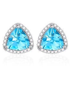 10K White Gold Trillium Halo Swiss Blue Topaz & Diamond Stud Earrings