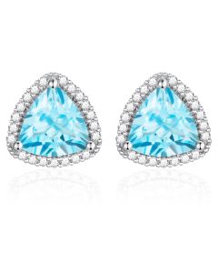 10K White Gold Trillium Halo Sky Blue Topaz & Diamond Stud Earrings