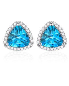 10K White Gold Trillium Halo London Blue Topaz & Diamond Stud Earrings