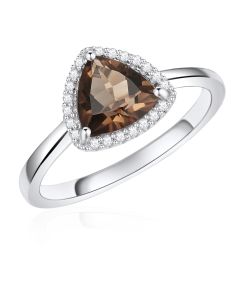 14K White Gold Trillium Halo Ring With Smokey Quartz and Diamonds