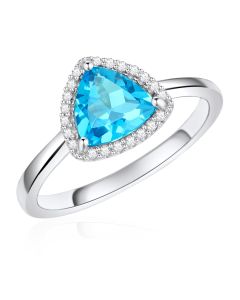 14K White Gold Trillium Halo Ring With Swiss Blue Topaz and Diamonds