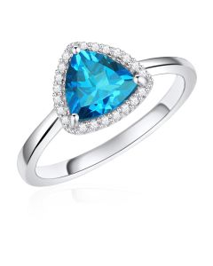 14K White Gold Trillium Halo Ring With London Blue Topaz and Diamonds