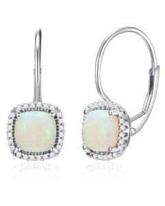 14K White Gold Cushion Cut Opal & Diamonds French Back Earrings