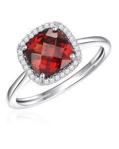 14K White Gold Antique Cushion Halo Ring with Garnet and Diamonds