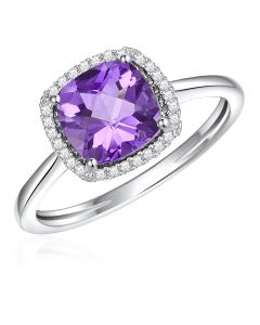 14K White Gold Antique Cushion Halo Ring with Amethyst and Diamonds