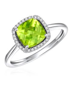 14K White Gold Antique Cushion Halo Ring with Peridot and Diamonds