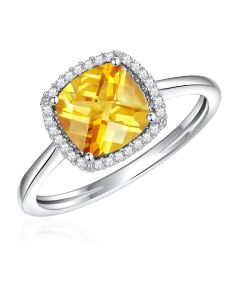 14K White Gold Antique Cushion Halo Ring with Citrine and Diamonds