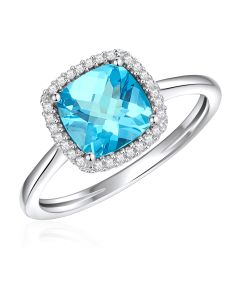 14K White Gold Antique Cushion Halo Ring with Swiss Blue Topaz and Diamonds