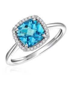 14K White Gold Antique Cushion Halo Ring with London Blue Topaz and Diamonds