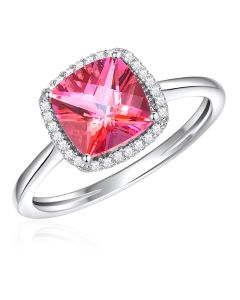 14K White Gold Antique Cushion Halo Ring with Passion Pink Topaz and Diamonds