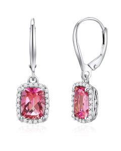 14K White Gold Halo Long Passion Pink Topaz & Diamonds French Back Earrings