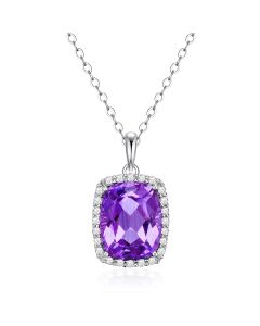 14K White Gold Cushion Halo Pendant with Amethyst and Diamonds