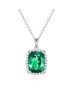14K White Gold Cushion Halo Pendant with Passion Rain Forest Green and Diamonds