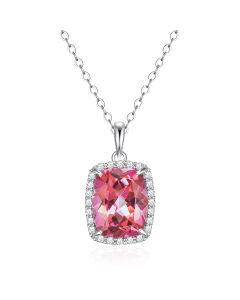 14K White Gold Cushion Halo Pendant with Passion Pink Topaz and Diamonds