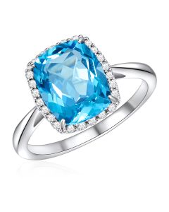 14K White Gold Cushion Halo Ring with Swiss Blue Topaz and Diamonds