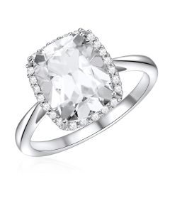 14K White Gold Cushion Halo Ring with White Topaz and Diamonds