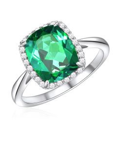 14K White Gold Cushion Halo Ring with Passion Rain Forest Green and Diamonds