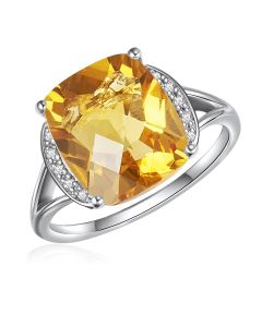 10K White Gold Long Cushion Citrine Diamond Ring