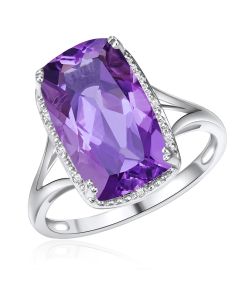 10K White Gold Long Cushion Halo Ring with Amethyst and Diamonds