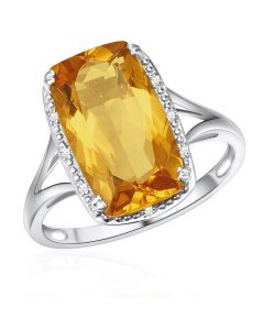 10K White Gold Long Cushion Halo Ring with Citrine and Diamonds